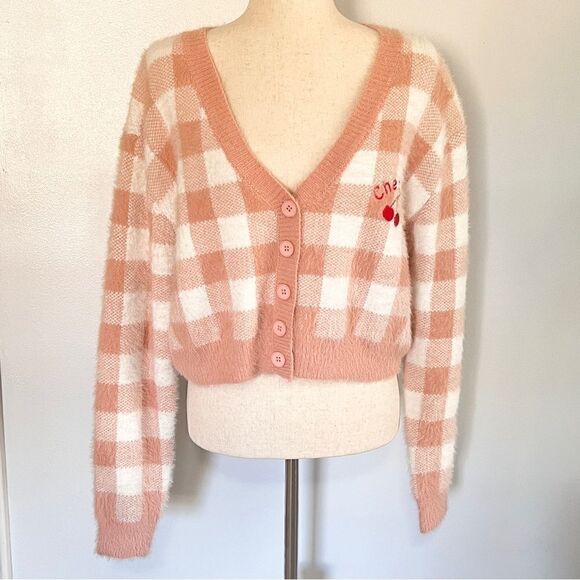Harry’s Hidden Angels Cherry Fuzzy Cropped Cardigan Sweater Peach XL Gingham - Picture 5 of 11